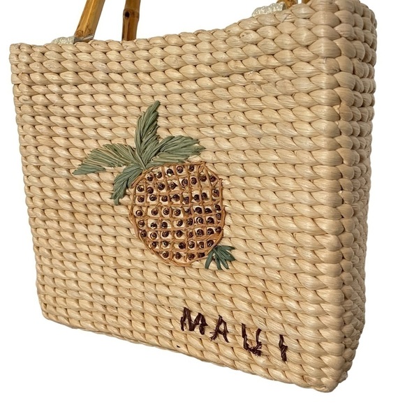 Straw Maui Bag with Woven Handles & Embellished Design - Picture 2 of 7
